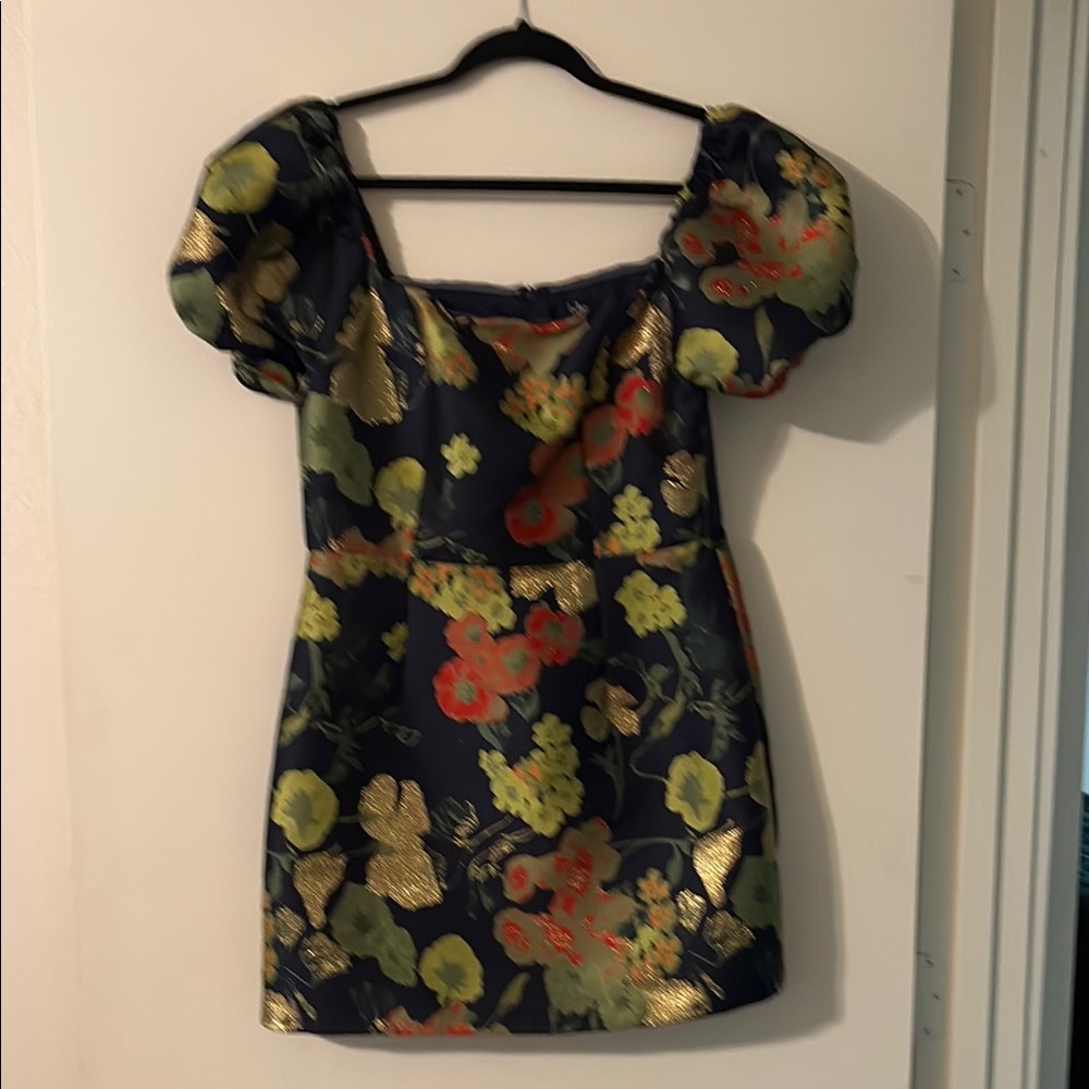 Navy Floral Dress with Metallic Gold Floral Highlights